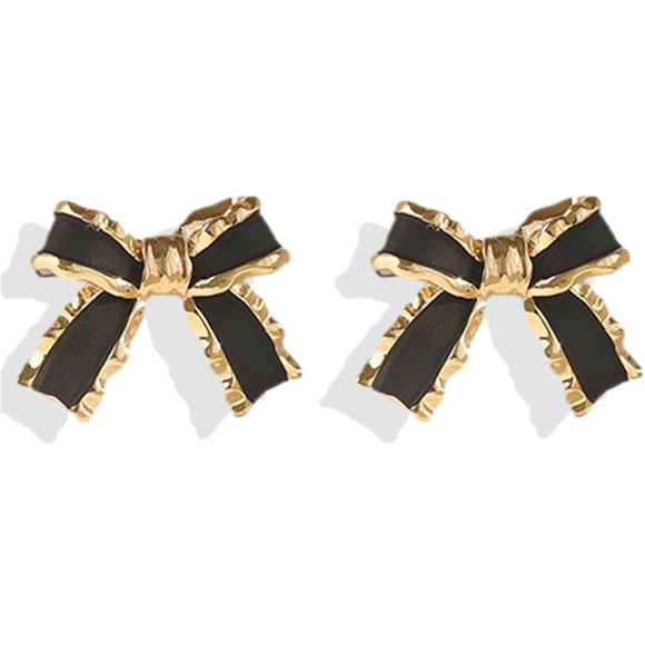 BNWT 925 Stamped Gold Tone Black Bow Earrings - Picture 1 of 3